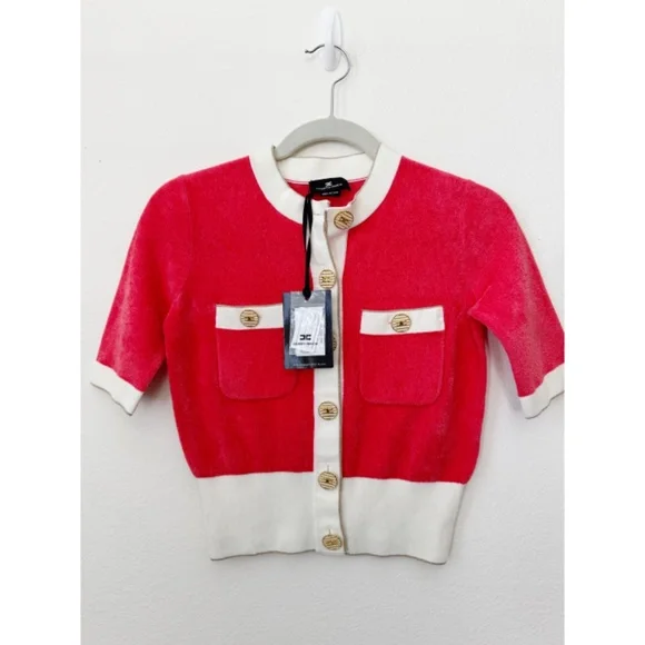 NWT Elisabetta Franchi Pink Terry Chest Pockets Short Sleeve Cardigan XS ( FR 38